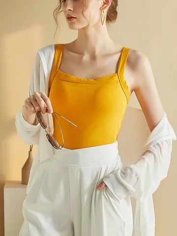 Débardeur pour Femmes à Col Carré Avec Coussinets de Soutien-Gorge Intégrés Mélange de Coton Slim Fit Sans Manches Summer Basic Crop Top