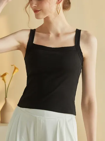 Débardeur pour Femmes à Col Carré Avec Coussinets de Soutien-Gorge Intégrés Mélange de Coton Slim Fit Sans Manches Summer Basic Crop Top
