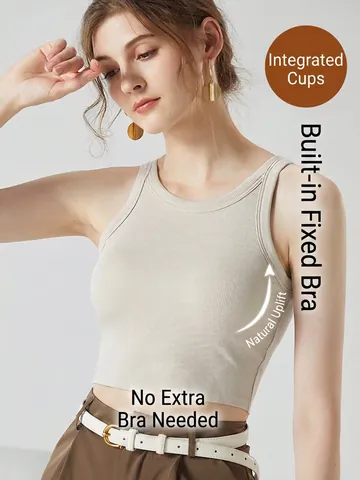 Damen Rippstrick Crop Tanktop Eingebauter BH Feste Polster Viskose Racerback Ärmellos Sommer Casual Sport Yoga Weste Top