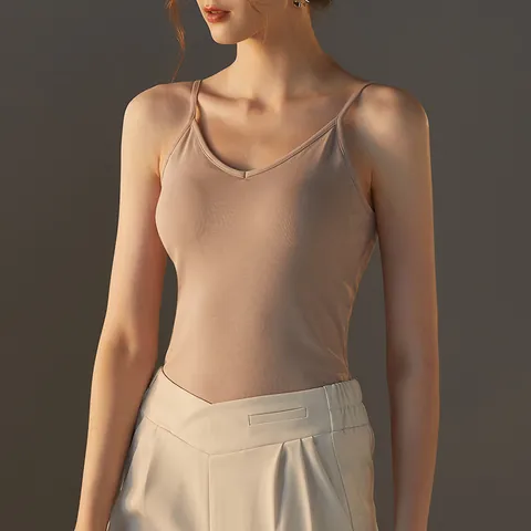 Camisola de Mezcla de Algodón Modal con Cuello en V para Mujer Ajustado Sin Mangas Camiseta de Tirantes Con Almohadillas de Pecho Integradas Top