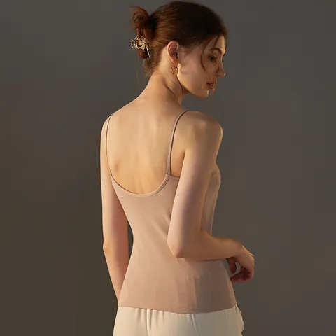 Camisola de Mezcla de Algodón Modal con Cuello en V para Mujer Ajustado Sin Mangas Camiseta de Tirantes Con Almohadillas de Pecho Integradas Top