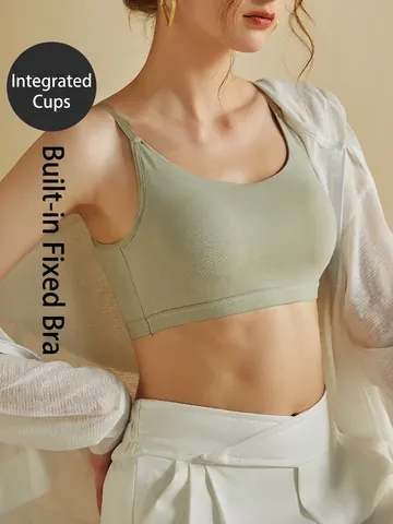 Women's V-Back Cooling Cami Tank Top With Built-in Bra Pads Seamless Adjustable Strap Cotton Viscose Blend Slim Fit Cropped Top