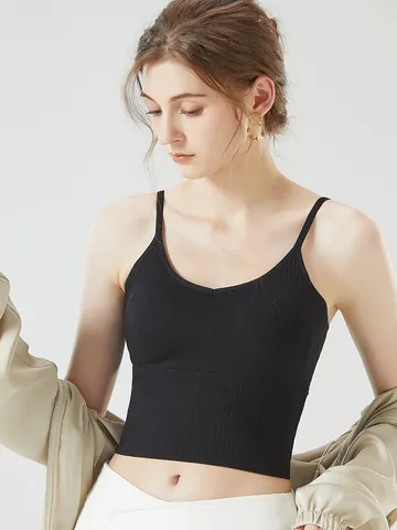 Sexy Backless Ribbed Camisole Women Integrated Chest Pads Slim Fit V-Neck Cotton Blend Adjustable Straps Short Crop Top