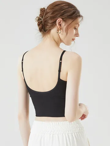 Sexy Backless Ribbed Camisole Women Integrated Chest Pads Slim Fit V-Neck Cotton Blend Adjustable Straps Short Crop Top