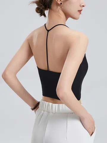 Camiseta de Tirantes Ajustada de Canalé para Mujer Con Sujetador Integrado Sexy Espalda en Y Top Corto Transpirable de Viscosa