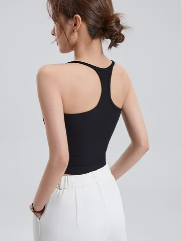 Women's Ribbed Racerback Tank Top Viscose Spandex Slim Fit Crop Top With Built-in Bra Pads Solid Color Sleeveless Vest