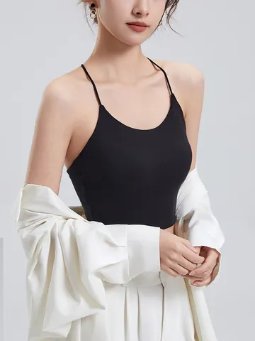 Camiseta de Tirantes Ajustada de Canalé para Mujer Con Sujetador Integrado Sexy Espalda en Y Top Corto Transpirable de Viscosa