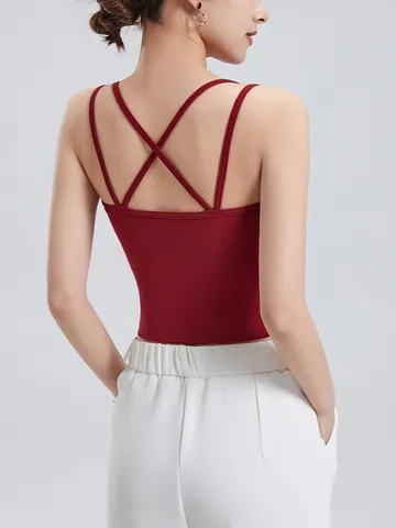 Camisole Nervurée Sexy Pour Femmes Avec Soutien-gorge Intégré Doubles Bretelles Fines Croisées Coupe Ajustée Débardeur Mélange de Coton
