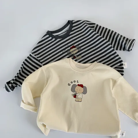 Kinder Katoenmix T-Shirt met Lange Mouwen Casual Cartoon Olifant Print Pullover Top voor Jongens en Meisjes Lente Herfst