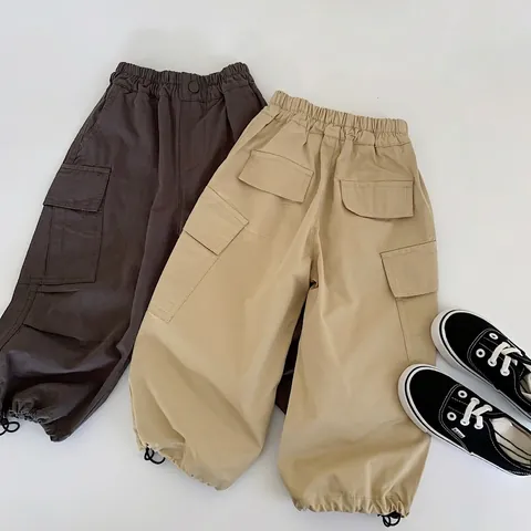 Pantalon Cargo Décontracté pour Enfants Garçons 100 Pour Cent Coton Couleur Unie Taille Élastique Multi Poche Pantalon Jogging