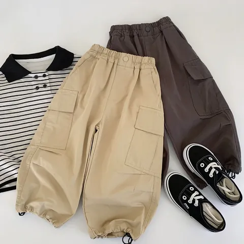 Pantalon Cargo Décontracté pour Enfants Garçons 100 Pour Cent Coton Couleur Unie Taille Élastique Multi Poche Pantalon Jogging