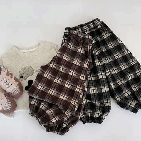 Kids Plaid Casual Pants Korean Style Elastic Waist Cuffed Ankle Trousers For Boys Girls Polyester Viscose Blend Bottoms