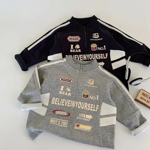 Kids Boys 1/4 Zipper Sweatshirt Casual Cotton Blend Stand Collar Letter Print Long Sleeve Pullover Tops Sporty Fashion