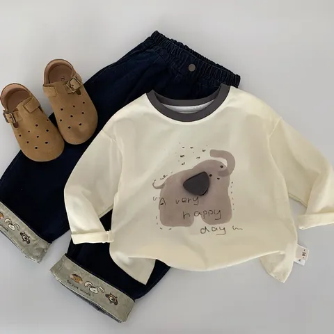 Maglietta a Maniche Lunghe in Cotone per Bambini Top Pullover Casual con Stampa Elefante Cartone Animato per Ragazzi Ragazze