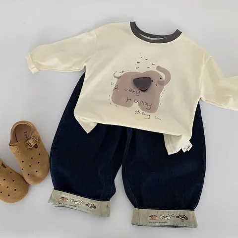 Maglietta a Maniche Lunghe in Cotone per Bambini Top Pullover Casual con Stampa Elefante Cartone Animato per Ragazzi Ragazze