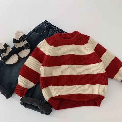 Pull en Tricot Rayé pour Enfants Style Coréen Rouge Crème Col Rond Manches Longues Pull d'Hiver Chaud pour Garçons Filles