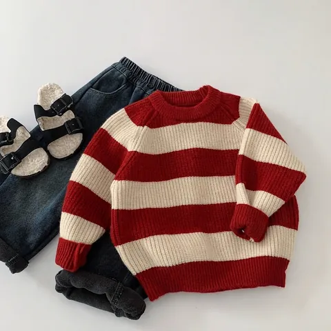 Pull en Tricot Rayé pour Enfants Style Coréen Rouge Crème Col Rond Manches Longues Pull d'Hiver Chaud pour Garçons Filles