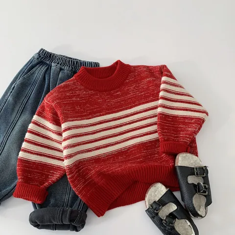 Pull En Tricot Rayé Pour Enfants Mélange D'Acrylique Col Rond Manches Longues Pullover Chaud Haut D'Hiver Pour Garçons Et Filles