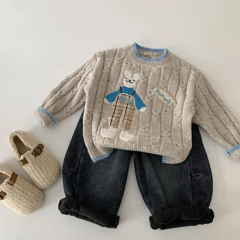 Maglione Invernale per Bambini con Ricamo a Forma di Orso e Coniglio Maglia a Trecce Calda in Misto Lana di Agnello Girocollo