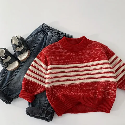Pull En Tricot Rayé Pour Enfants Mélange D'Acrylique Col Rond Manches Longues Pullover Chaud Haut D'Hiver Pour Garçons Et Filles