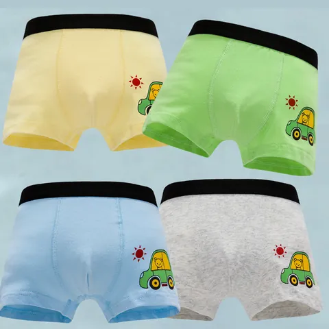 Boys Cotton Boxer Briefs Comfortable Cartoon Car Dinosaur Print Underwear Set Kids Breathable Shorts 4 Pack For Children