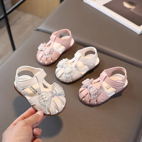 Sandali da Principessa per Bambina con Fiocco Strass Perla Artificial Sintetica Traforati Suola Morbida Scarpe da Passeggio Estive Sandali da Spiaggia