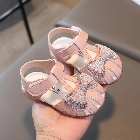 Sandali da Principessa per Bambina con Fiocco Strass Perla Artificial Sintetica Traforati Suola Morbida Scarpe da Passeggio Estive Sandali da Spiaggia