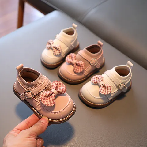 Scarpe da Principessa per Neonata Fiocco Suola Morbida Ballerine Mary Jane Primi Passi Bambina Fantasia a Scacchi Scarpe Antiscivolo