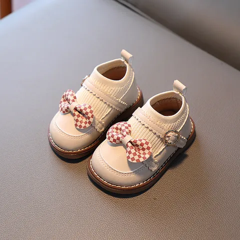 Scarpe da Principessa per Neonata Fiocco Suola Morbida Ballerine Mary Jane Primi Passi Bambina Fantasia a Scacchi Scarpe Antiscivolo