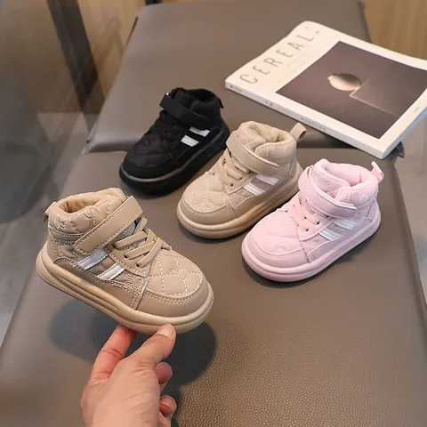 Kids Winter High Top Warm Sneakers Fleece Lined Quilted Rabbit Embroidery Shoes For Boys Girls Toddlers Non-Slip Skate Boots
