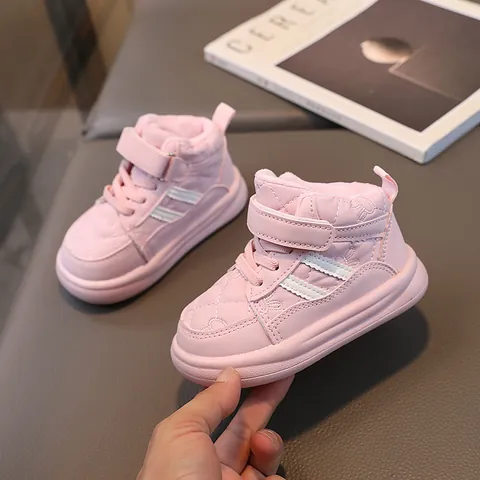 Kids Winter High Top Warm Sneakers Fleece Lined Quilted Rabbit Embroidery Shoes For Boys Girls Toddlers Non-Slip Skate Boots