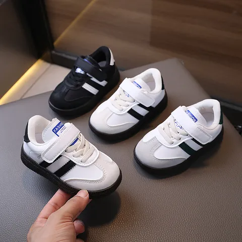 Baskets Rétro pour Enfants Chaussures Décontractées en Cuir Synthétique Avec Motif Rayé Bande Auto-agrippante Semelle Antidérapante
