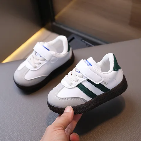 Baskets Rétro pour Enfants Chaussures Décontractées en Cuir Synthétique Avec Motif Rayé Bande Auto-agrippante Semelle Antidérapante