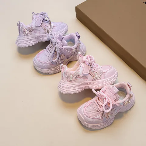 Sneakers Chunky da Ragazza Tomaia in Mesh Traspirante Decorazione Farfalla Perla Scarpe Casual per Bambini Suola Morbida