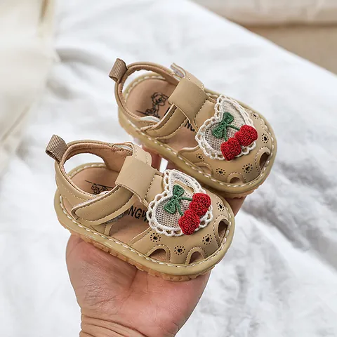 Toddler Girls Baby Sandals Closed Toe Cut Out Heart Lace Cherry Embroidery Hook And Loop Microfiber Leather Soft Sole Shoes