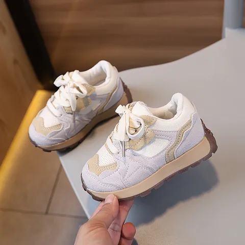 Kinder Retro Laufschuhe Für Jungen Mädchen Atmungsaktive Mesh Kunstleder Sneakers Outdoor Rutschfeste Sportschuhe Grün Beige