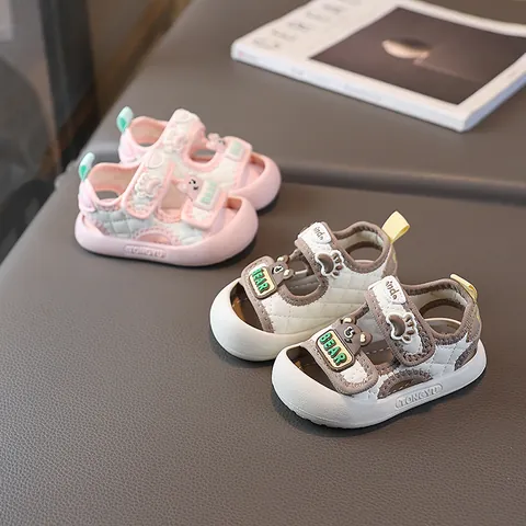 Sandali da Neonato Chiusi in Punta Suola Morbida Pelle Sintetica Cartone Animato Orso Chiusura a Strappo Scarpe Primi Passi Mare Bambino Bambina