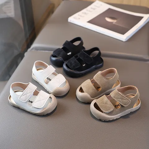Sandali a Punta Chiusa per Bambini Estate Suola Morbida Scarpe da Spiaggia Antiscivolo Velcro Scarpe Primi Passi Pelle Sintetica Stile Retrò