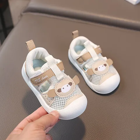 Summer Baby Toddler Sandals Breathable Mesh Walking Shoes Anti-Collision Toe Cartoon Animal Design Synthetic Leather Rubber Sole Hook-And-Loop Casual Infant Shoes