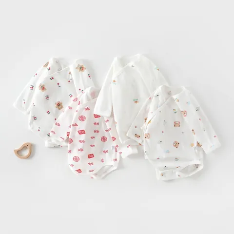 Newborn Baby Cotton Long Sleeve Side Tie Romper Thin Summer Infant Triangle Jumpsuit With Cartoon Bear Cherry Sun Pattern