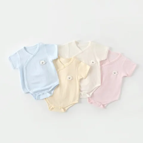 Infant Short Sleeve Bamboo Fiber Bodysuit Breathable Pointelle Mesh Baby Romper Lamb Patch Summer Onesie Newborn Clothing
