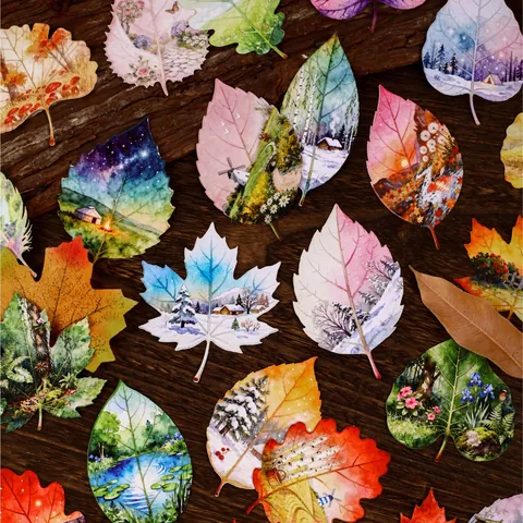 Βίντατζ Αυτοκόλλητα Σε Σχήμα Φύλλου Για Scrapbooking DIY Διακόσμηση Εικονογράφηση Τοπίου Με Υδατογραφία Πακέτο Αυτοκόλλητων
