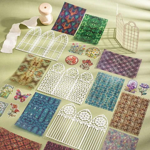 Vintage Buntglas Fenster DIY Scrapbooking Material Kit PET Sticker Laserschnitt Karton Für Journal Dekoration Handwerk Geschenk
