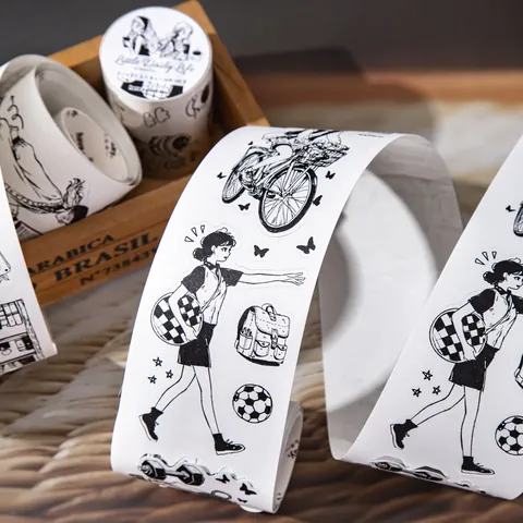 Little Daily Life Series Black And White Character Washi Tape White Kraft Paper Die Cut Decorative Tape For Scrapbooking Journaling