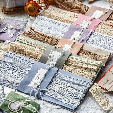 Vintage Lace Scrapbooking Material Pack Cotton Jute Paper Floral Journal Decor DIY Craft Handmade Ribbon Collage Accessory