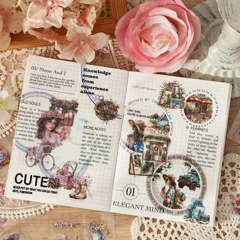 Juego de Cajas de Pegatinas Decorativas Vintage para Scrapbooking Impermeable PET Pegatinas Estéticas Florales y Retratos para Bricolaje Diario