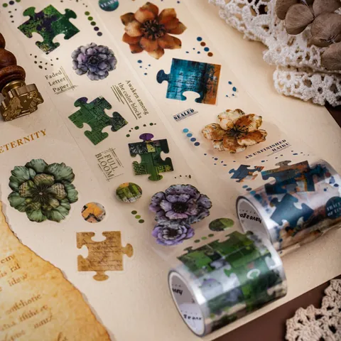 Vintage Floral PET Tape Retro Jigsaw Puzzle Scrapbooking Decorative Tape Washi Masking Tape For Journaling DIY Craft