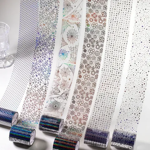 Iridescent Holographic PET Decorative Tape For DIY Journaling Scrapbooking Craft Floral Star Spider Web Aesthetic Masking Tape