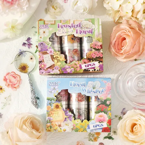 ZABC 6 Rolls Vintage Floral PET Washi Tape Set Retro Flower Decorative Tape for DIY Scrapbooking Journaling Arts Crafts