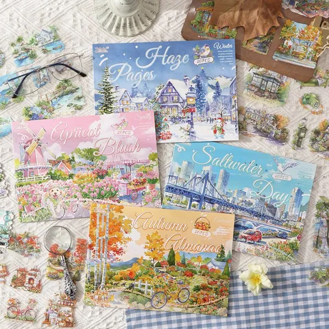 Εποχιακό Τοπίο DIY Scrapbooking Αυτοκόλλητα Αδιάβροχο PET Υλικό Εικονογράφηση Ακουαρέλας Τέσσερις Εποχές Διακόσμηση Ημερολογίου